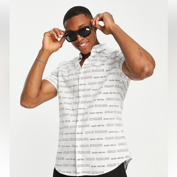 ✓Armani Exchange All Over Print Logo Shirt in White